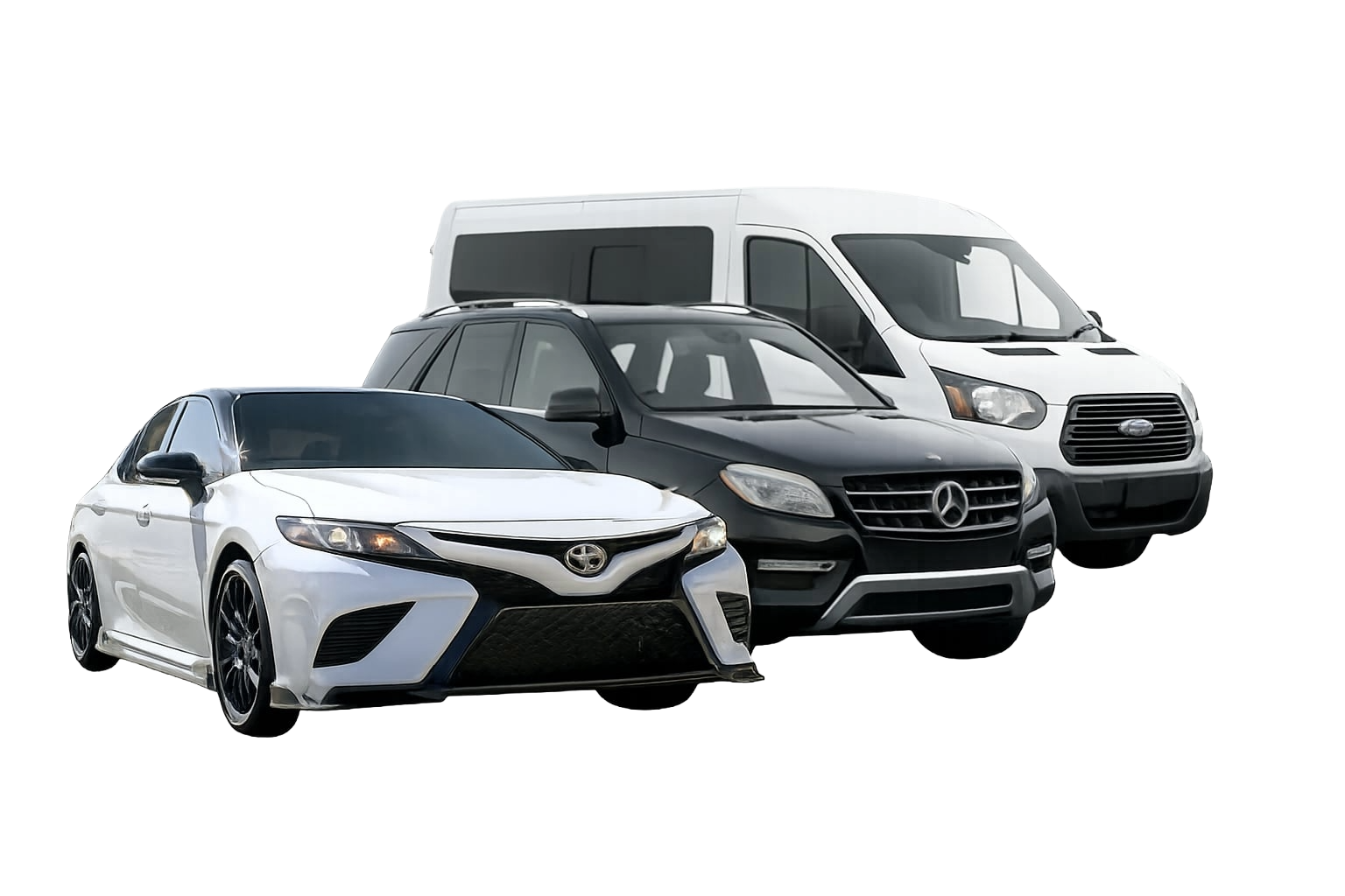 Ardi Transportation fleet — Toyota Camry SE, Mercedes Benz ML350, and Ford Transit 350